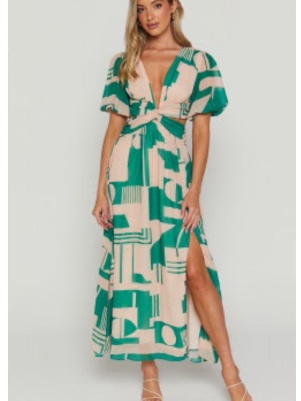 Showpo Green & Cream Geometric Twist-Front Maxi Dress